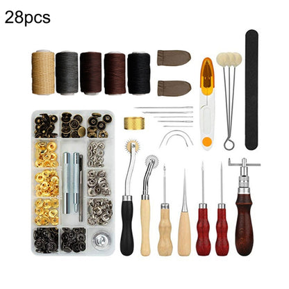 28-piece DIY sewing and leather craft tool set with thread spools, needles, and tools
