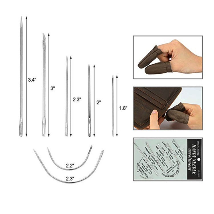 Sewing tools set with multiple metal needles and curved awl parts, with measurements