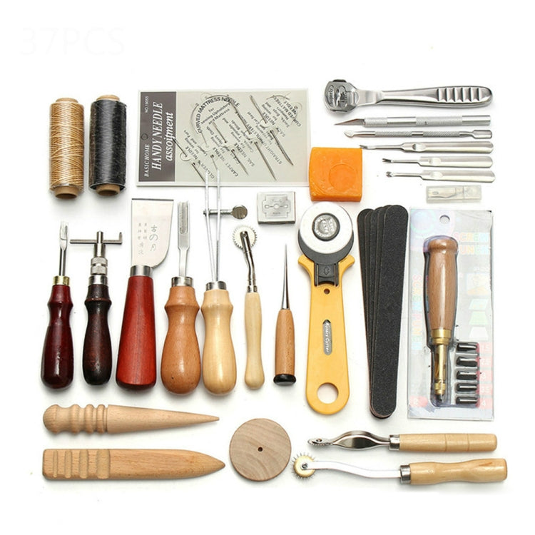 Leather sewing craft tool set with wood-handled awls, needles, and thread spools
