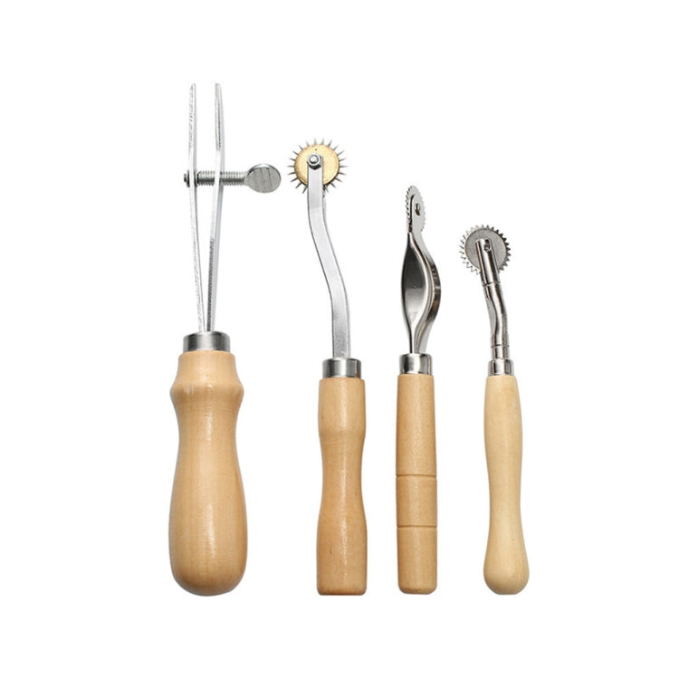 Wood-handled leather sewing tools set with awl and cutting/edging tools