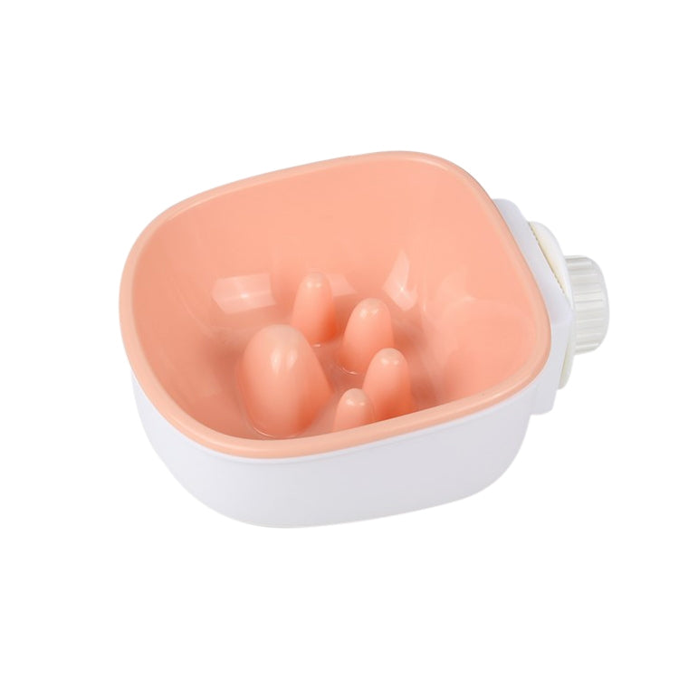 Pink plastic anti-choke hanging pet bowl, dome-style feeder insert on white base