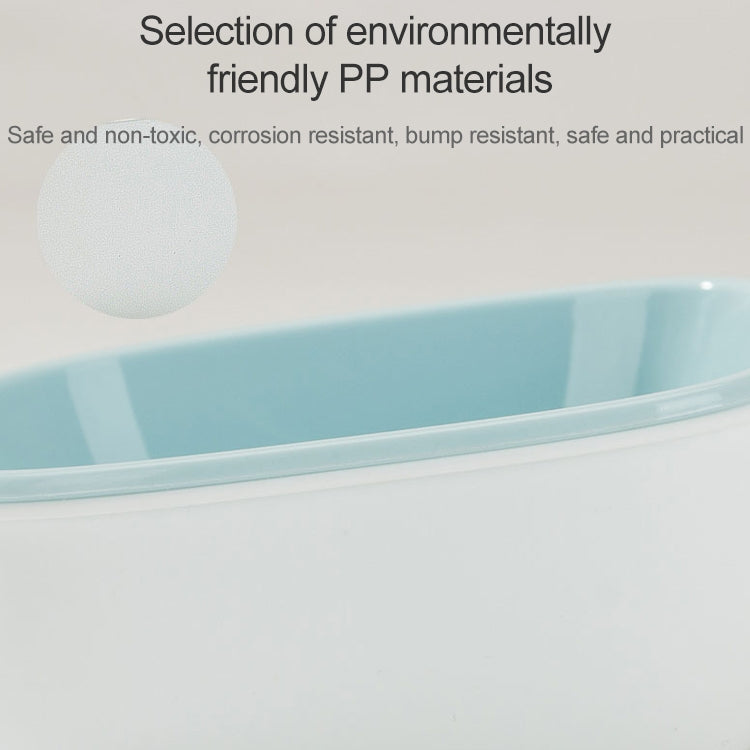 Light blue plastic pet bowl made from PP material, shown with hanging base edge