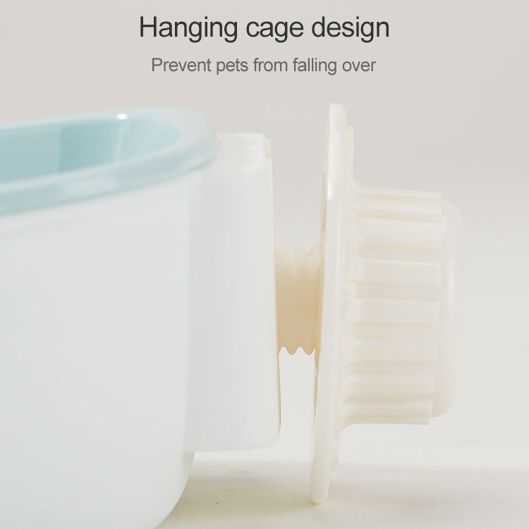 White plastic hanging cage bowl bracket with ridged strap for secure mounting