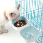 Two-compartment pet feeding bowl set, white base with teal water cup and kibble