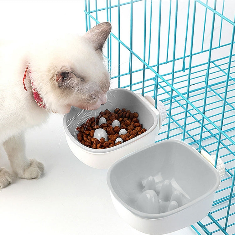 Two-compartment pet feeding bowl set, white base with gray water cup and kibble