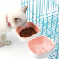 Two-compartment pet feeding bowl set, white base with pink water cup and kibble