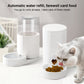 White automatic cat water dispenser with clear water container and separate food bowl