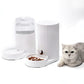 White automatic cat water dispenser with drinking fountain and food tray bowls