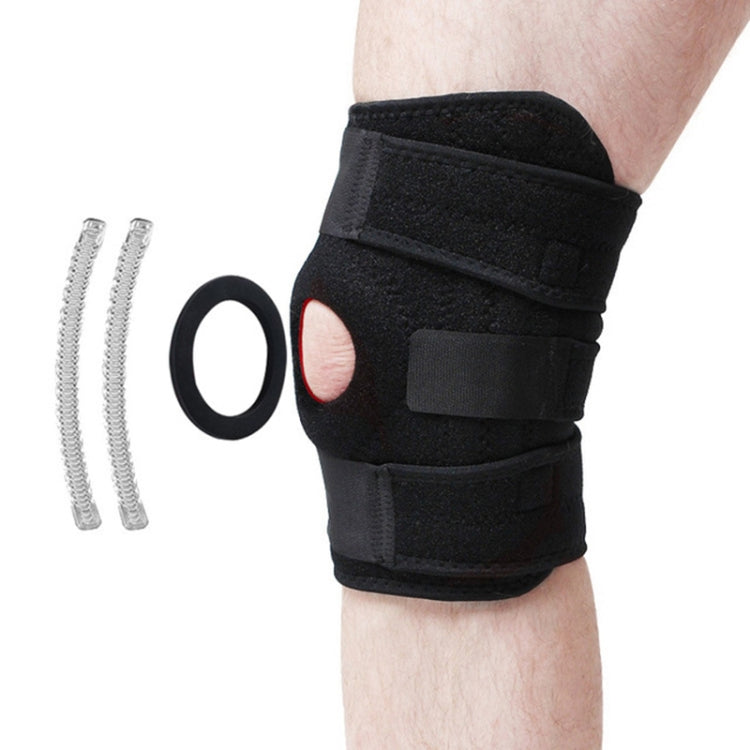 Black knee pad brace with adjustable hook-and-loop straps and anti-slip grip pad