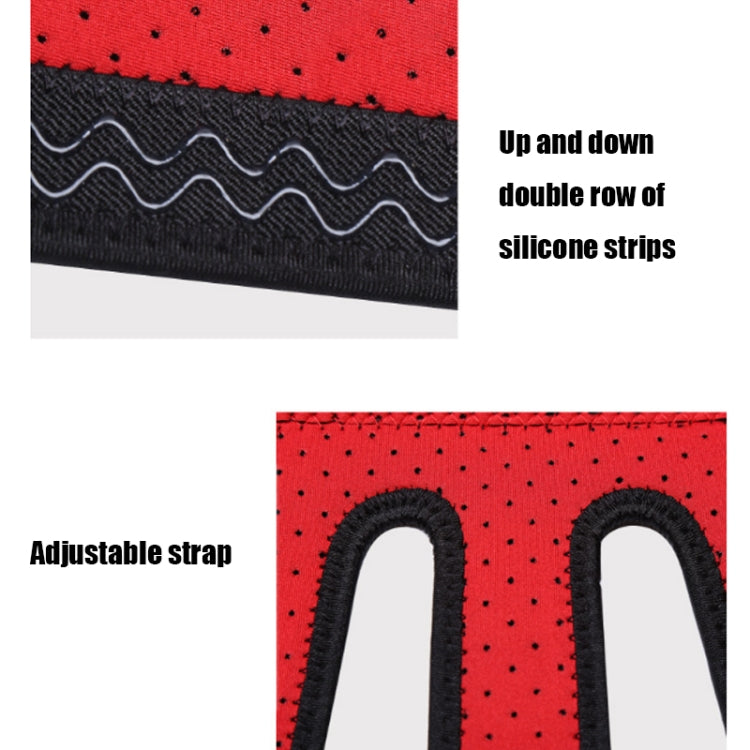 Red and black knee pad showing silicone strip tread and adjustable strap area