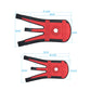 Pair of red and black knee pads with size measurements and front grip panel