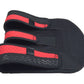Red-and-black knee pad with double hook-and-loop straps and textured lower grip
