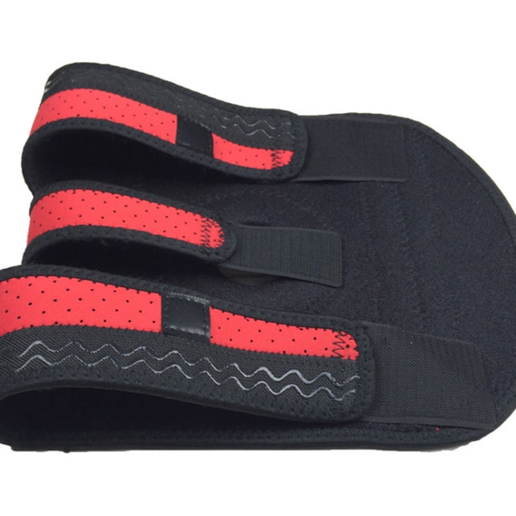 Red-and-black knee pad with double hook-and-loop straps and textured lower grip