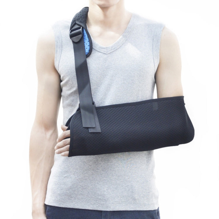 Black forearm support sling worn across chest with adjustable shoulder strap