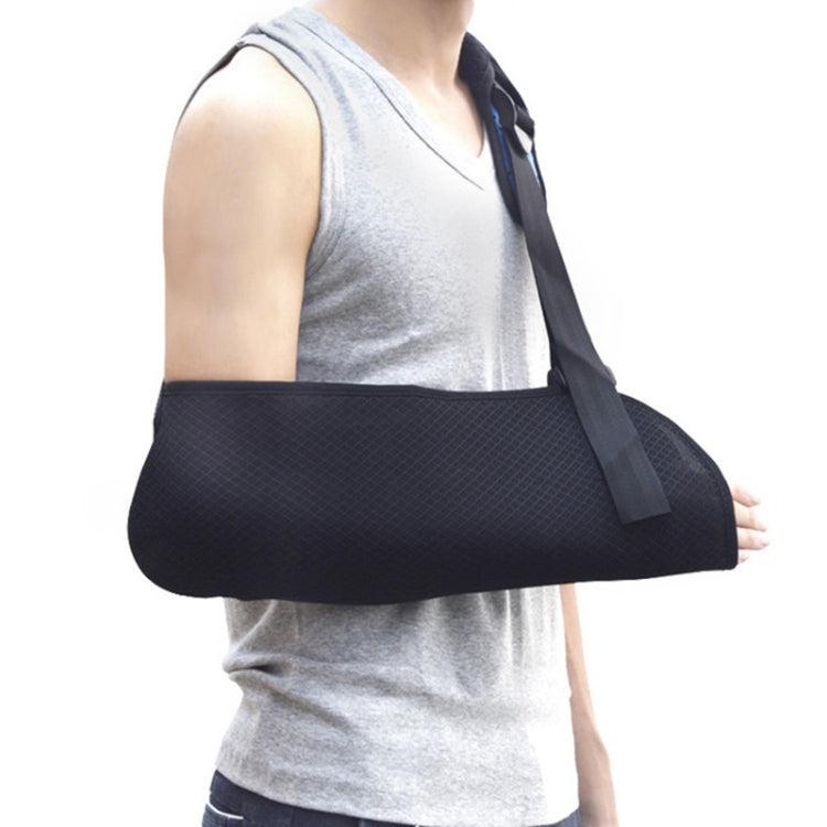 Black forearm support sling with wide chest band and adjustable shoulder strap