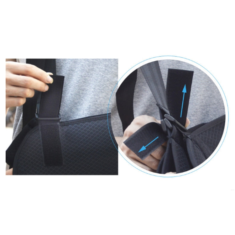 Adjustable fastening detail on a black forearm support sling strap