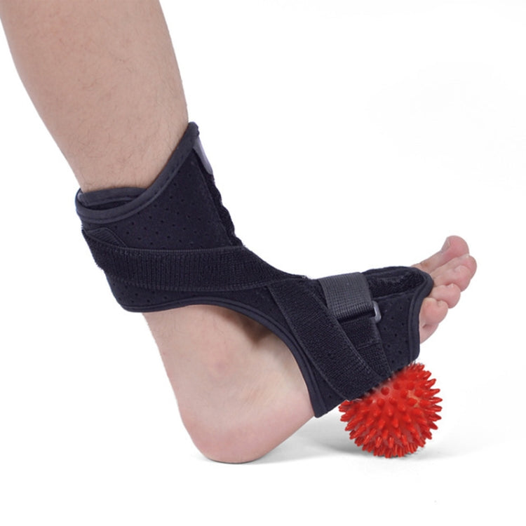 Black plantar fasciitis foot brace with side strap and red spiky massage ball