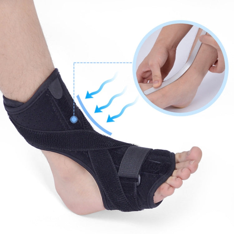 Black plantar fasciitis brace with toe loop and inset showing foot support motion