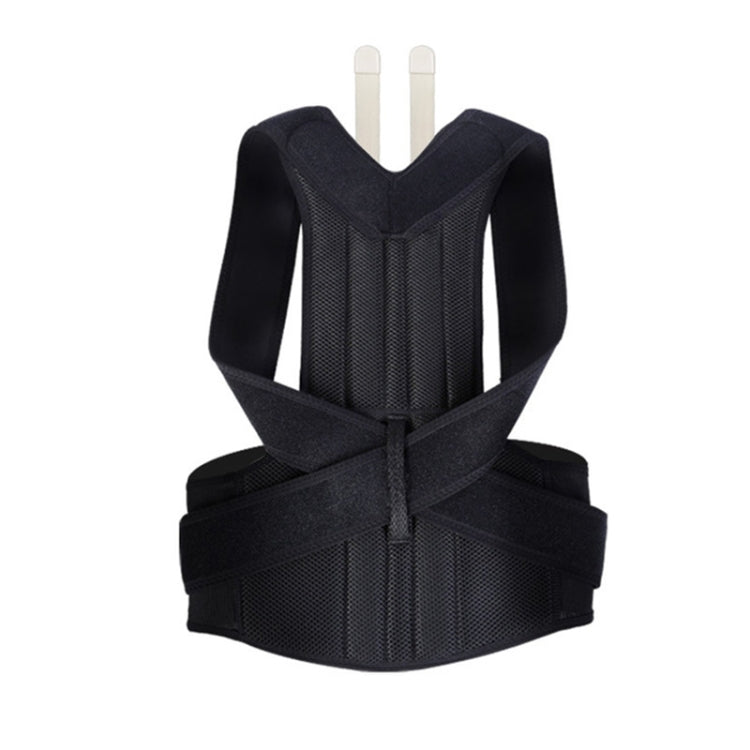 Black orthopedic back brace belt with raised back support and long front straps, flat lay