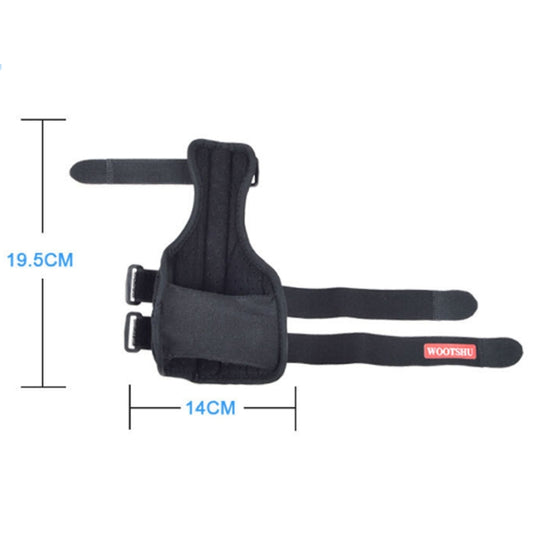 Black wrist brace with thumb support straps, diagram with 14cm and 19.5cm guides