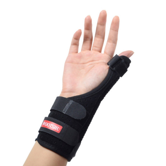 Black wrist brace with thumb loop and hook-and-loop straps, worn on open hand