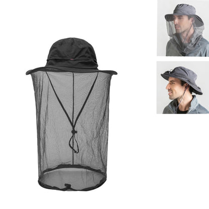 Anti-mosquito wide-brim sun hat with hanging mesh face net, dark gray/black color