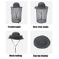 Black anti-mosquito net sun hat set: front, rear, folded, and cap top views