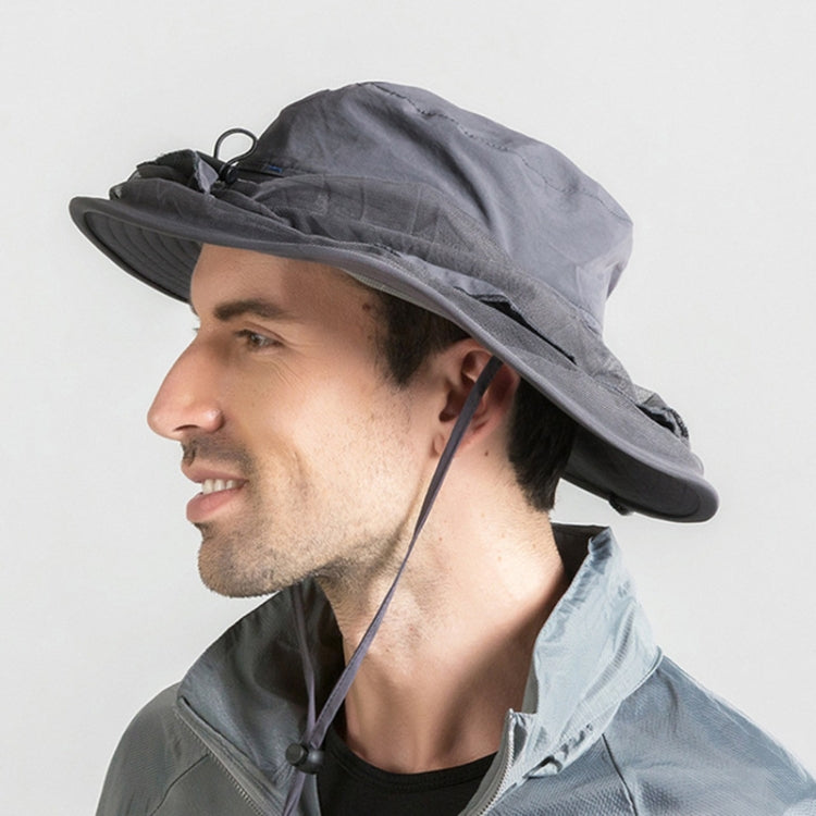 Side view of wide-brim anti-mosquito hat with mesh face net and chin cord, gray