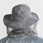 Back view of wide-brim mosquito net sun hat with folded mesh cape, gray