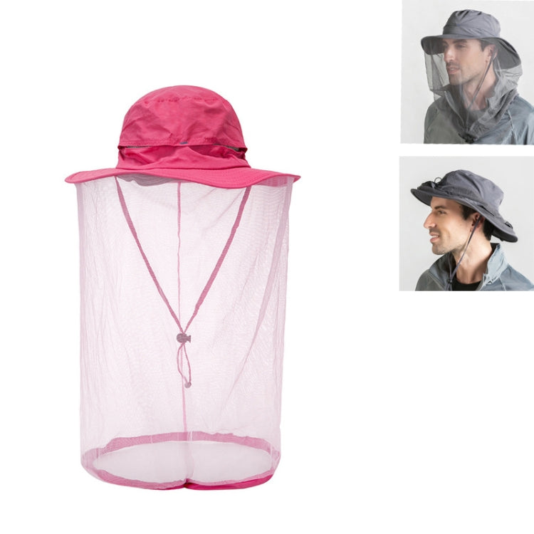 Pink anti-mosquito net sun hat with wide brim and face mesh curtain