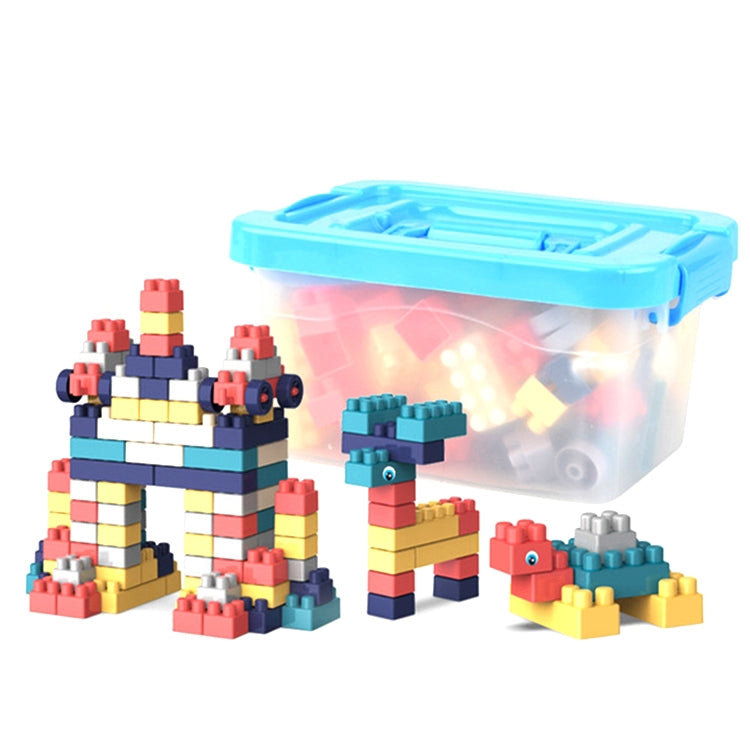 Building block DIY toy set with large multicolor pieces and blue storage bin