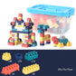 Building block set with large pieces and blue lidded storage bin, example builds