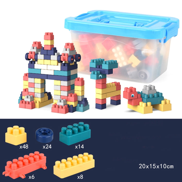Building block set with large pieces and blue lidded storage bin, example builds