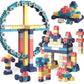 Large building block creations with wheels, animal figures, and a tall frame