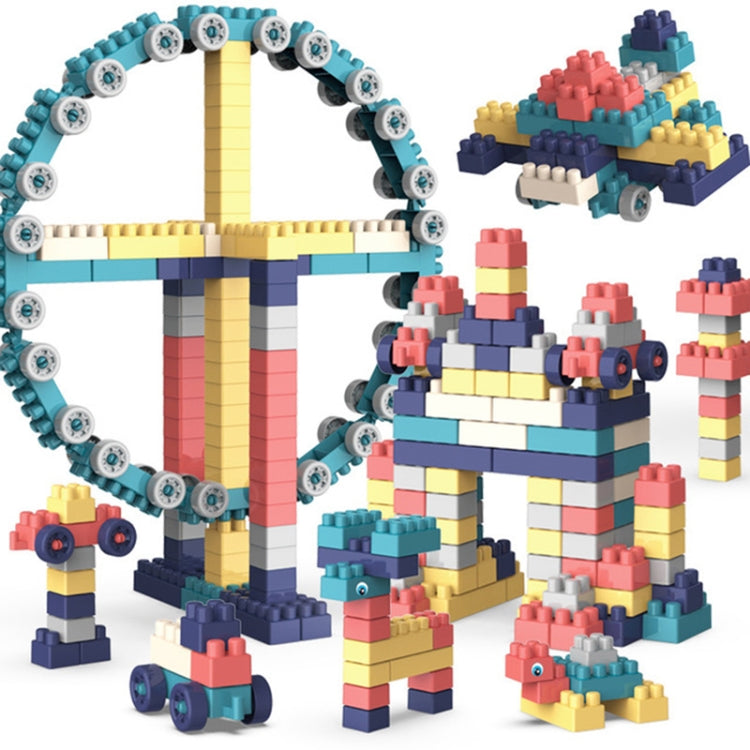 Large building block creations with wheels, animal figures, and a tall frame