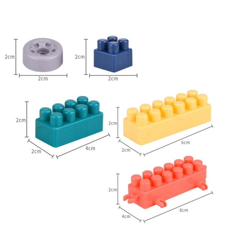 Large building block piece set with size diagram for gray, navy, teal, yellow, and red pieces