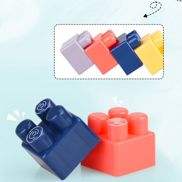 Stacked large building blocks in pastel purple, coral red, navy blue, and yellow