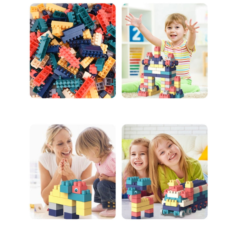 Building block toy set shown in use with assembled animal and vehicle figures