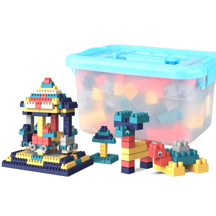 Building block set with sample structures and blue lidded storage bin full of pieces