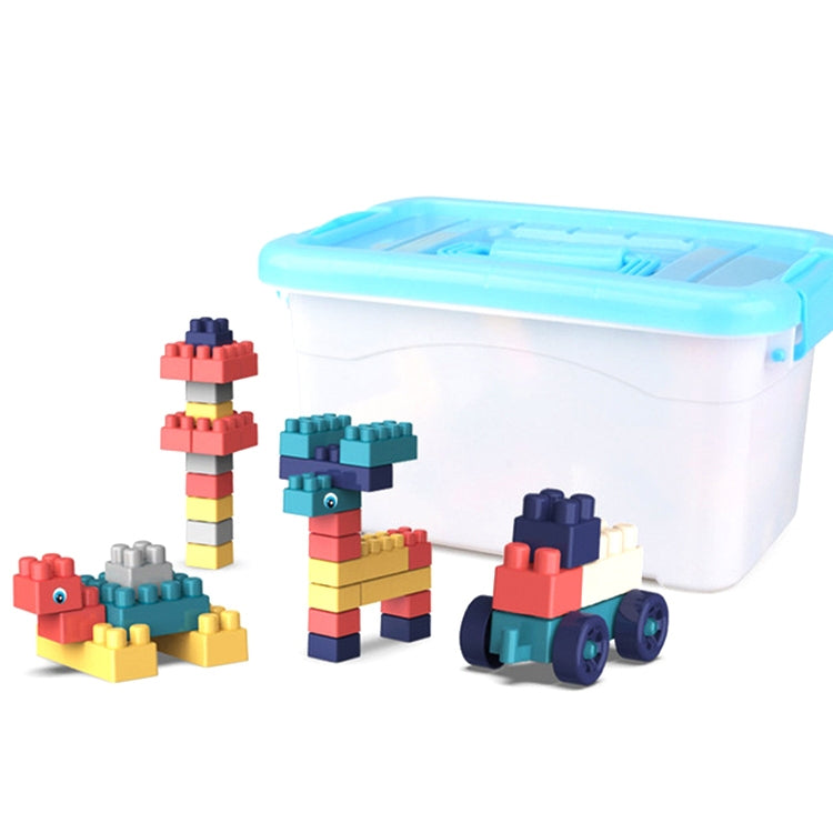 Children’s building block toy set with blue-lid storage bin and assembled figures