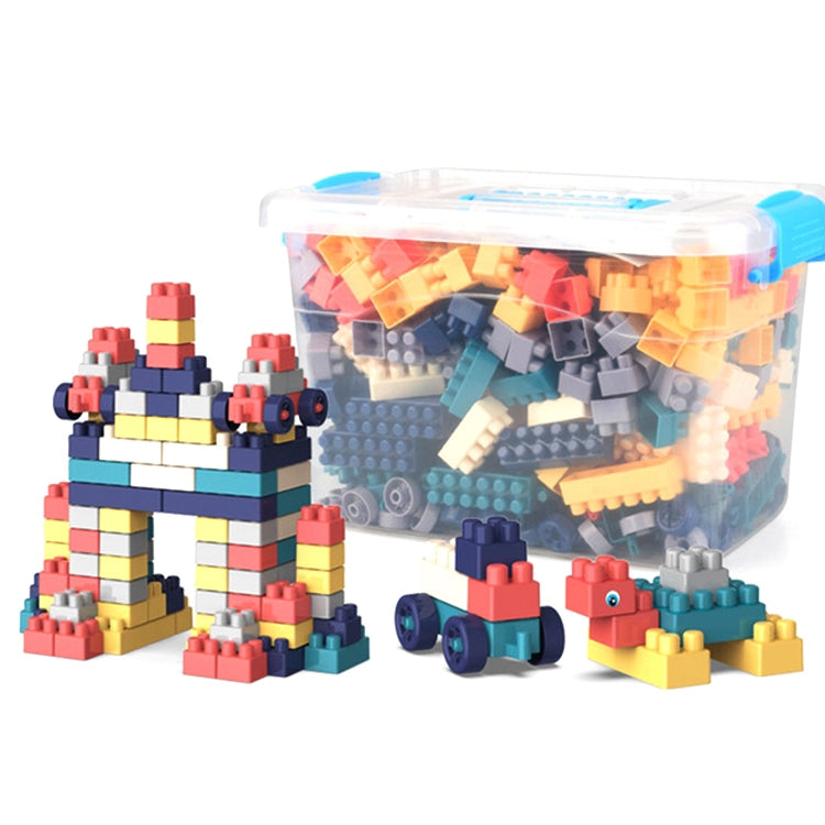 Large clear container of colorful building blocks with assembled vehicle and figures