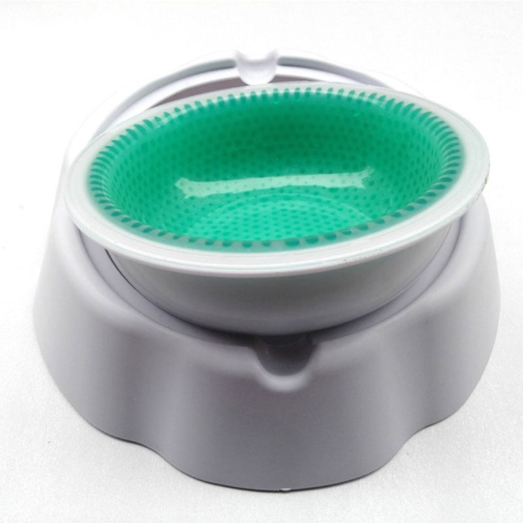 Gray pet cooling bowl base with green textured insert, close-up top view