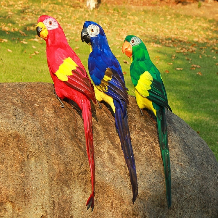 Three colorful macaw-style parrot decorations in red, blue, and green on a ledge