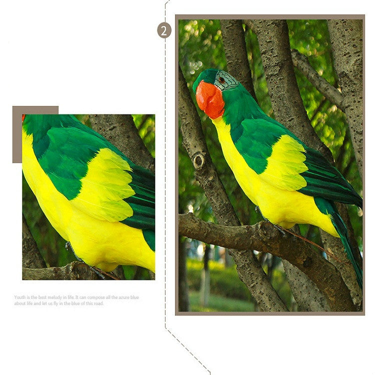 Green and yellow foam parrot decoration with orange face, perched on a tree branch