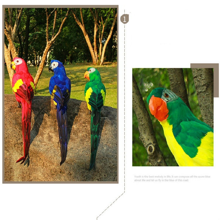 Set of three colorful parrot decorations in red, blue, and green standing on branches