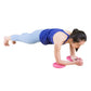 Pink round yoga balance cushion under hands in a kneeling plank stretch