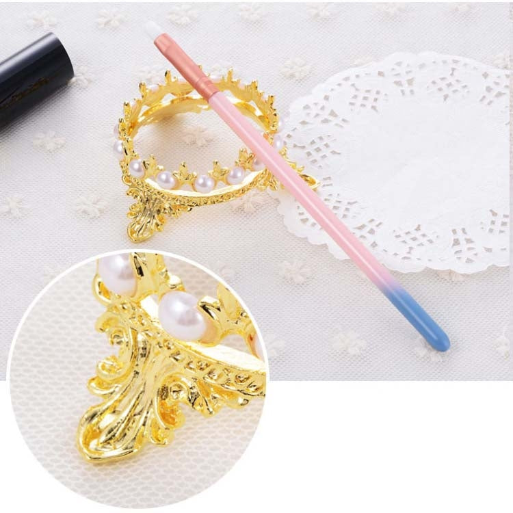 Gold-tone crown pen holder with white pearl beads, with pink and blue brush pens