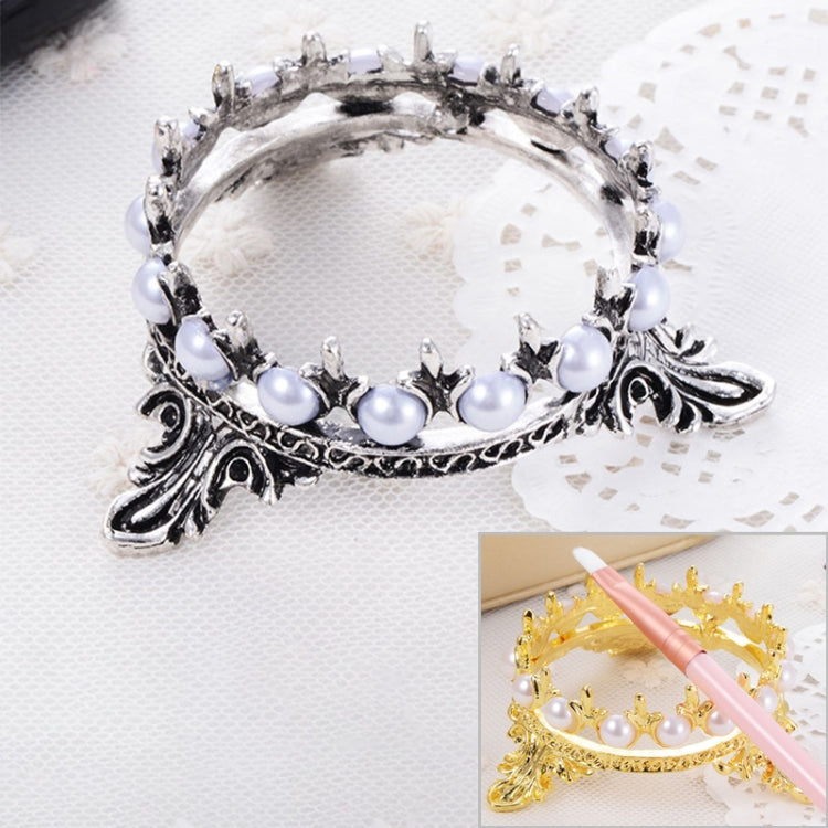 Vintage silver-tone crown holder with white pearl beads and ornate leaf accents