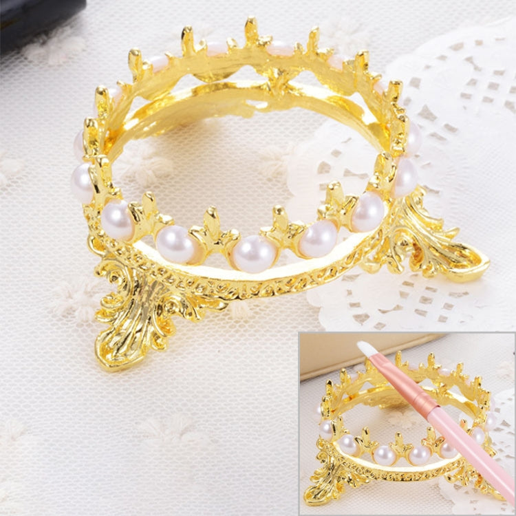 Gold-tone crown novelty pen holder with white pearl beads and decorative claw feet