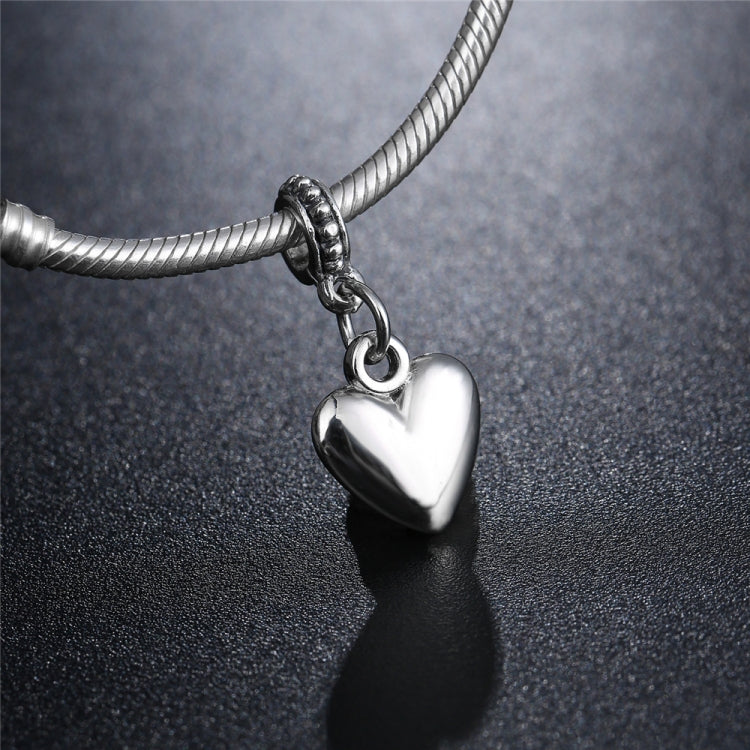 Silver heart bead charm pendant with circular top ring and chain loop